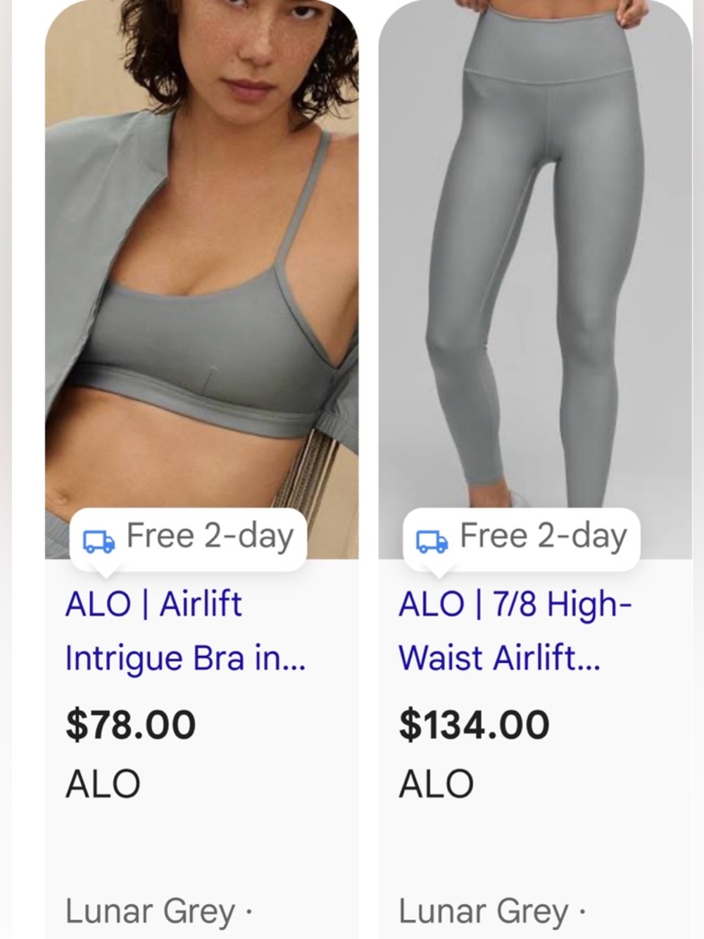 ALO Yoga Lunar Grey intrigue bra airlift legging S NWT